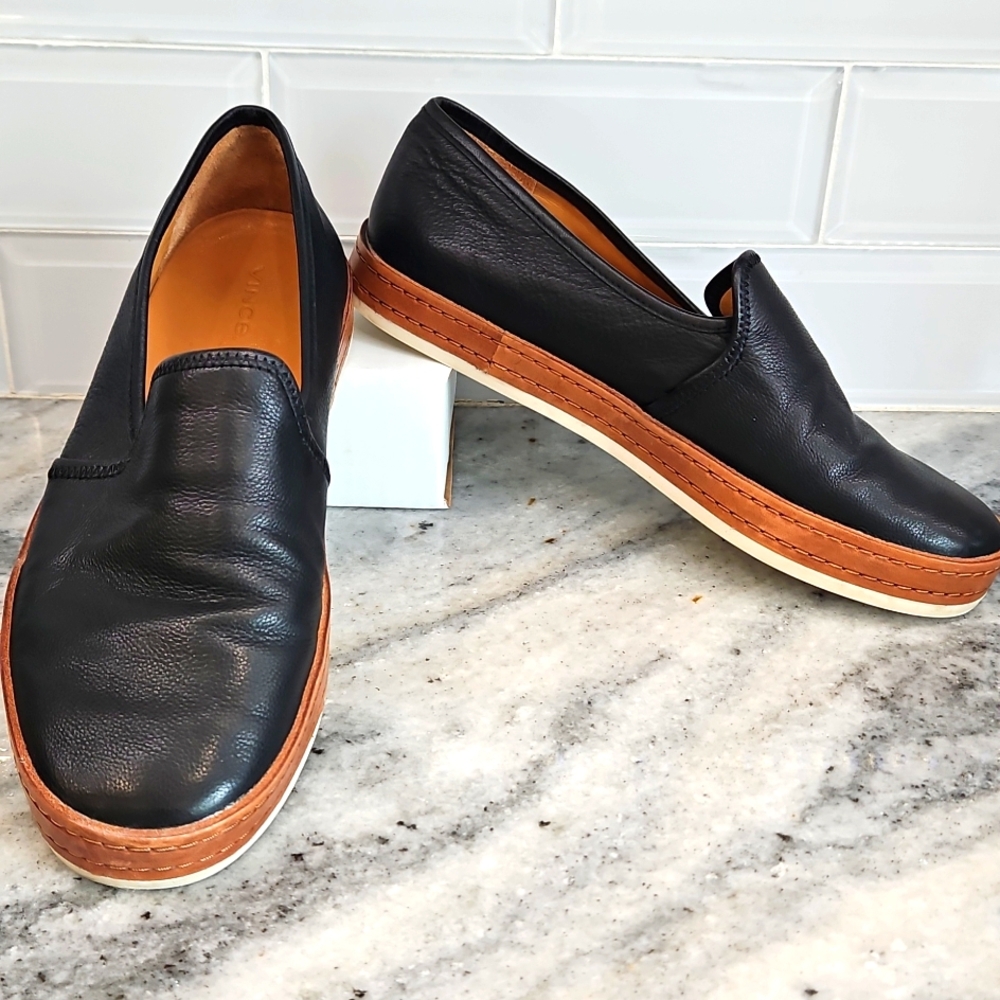 Vince Black Leather Loafers with Brown and White Sole